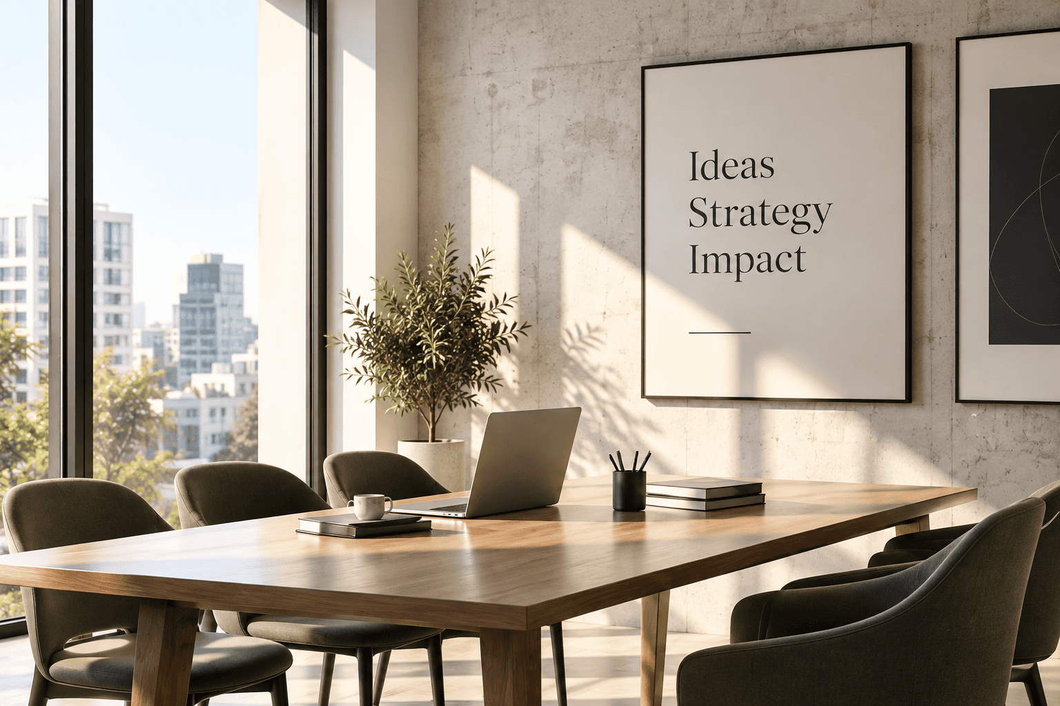 A bright meeting room with a wooden table, olive chairs and a wall print reading Ideas, Strategy, Impact