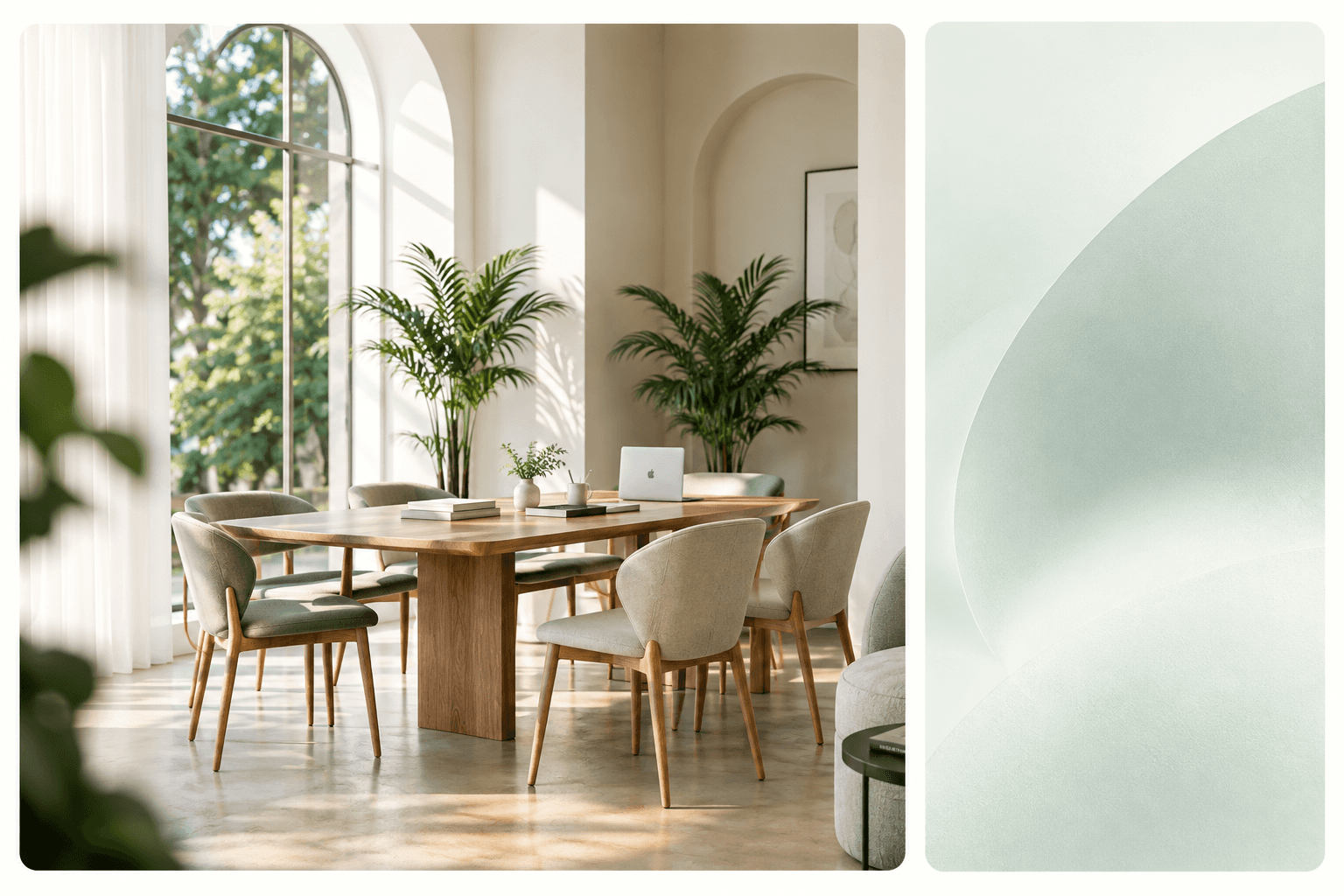 A sunlit interior beside an abstract sage and ivory study, representing Fletten's blend of craft and strategy