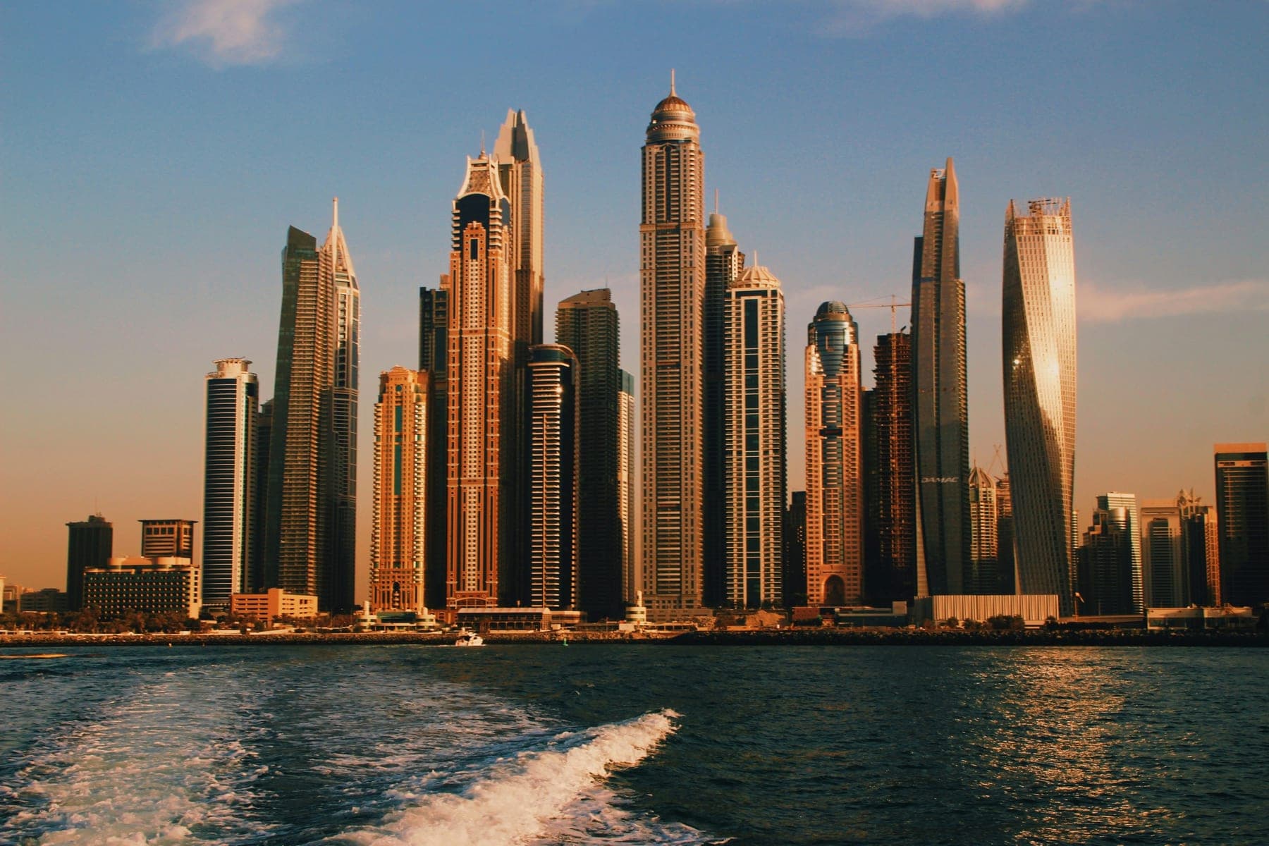 The Dubai Marina skyline at sunset